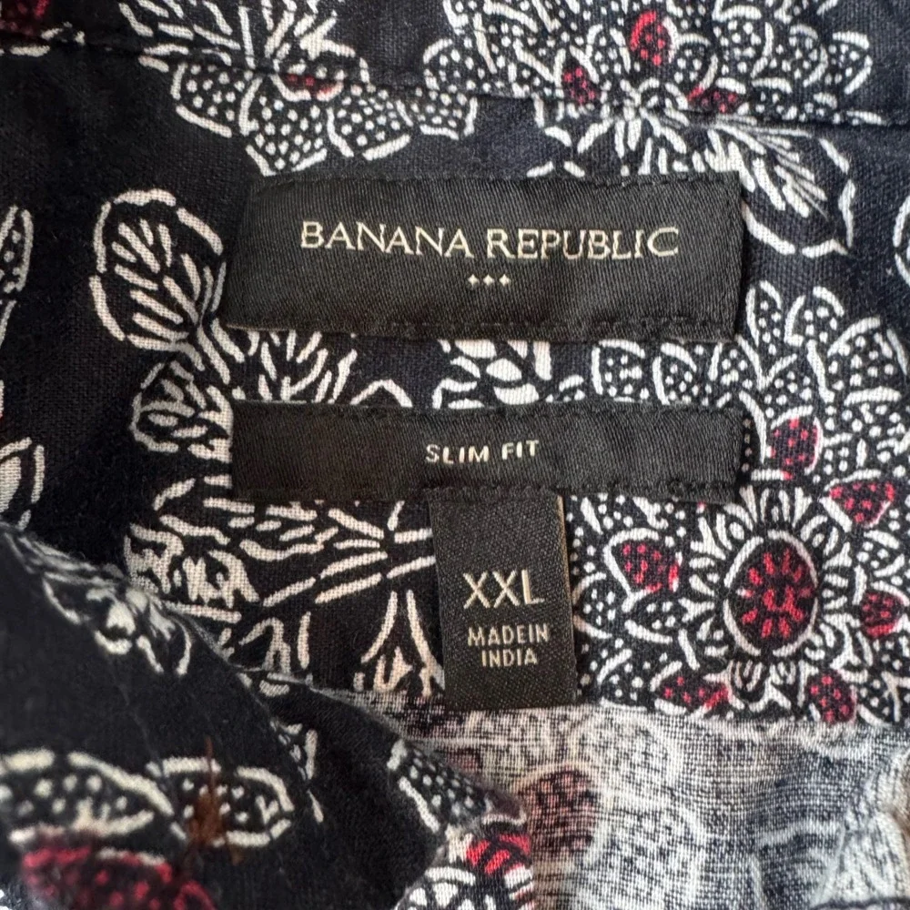 Banana Republic‎ XXL Slim Fit Navy Floral Linen Cotton Shirt Short Sleeve Button